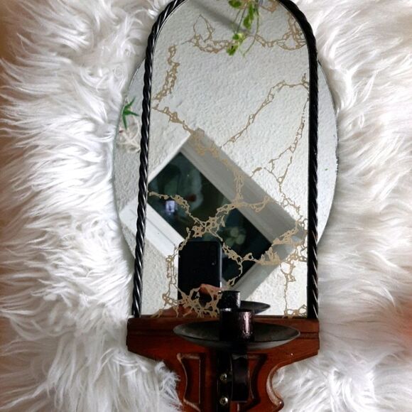 Home Interior Rod Iron Wooden  Vintage Rare  60s, Mirror Sconce  /Candle Holder‎ - Picture 4 of 11